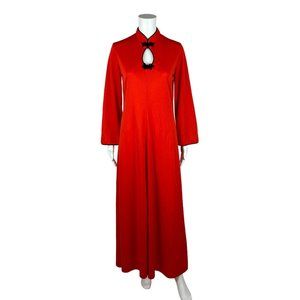 Vintage 70s Maxi Dress Women's Medium Red Cheongsam Bell Sleeves Frog Closures